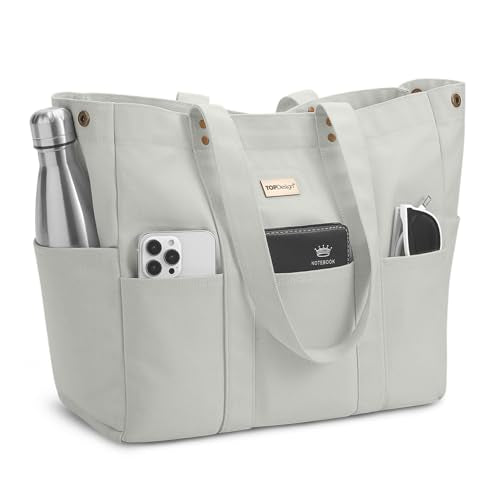 TOPDesign Large Canvas Tote Bag for Women, Shoulder Bag with Laptop Sleeve & Pockets, Everything Tote for Travel, Work (Light Grey) - color: Light Grey