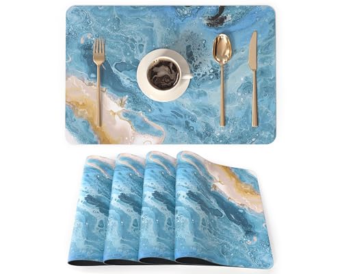 QIYI Placemats Set of 4, 12x18 Inch Faux Leather Place Mats for Kitchen Dinning, Heat Resistant Non Slip Pink Table Mats, Waterproof Wipeable Washable Placemat Party Table Décor, Blue Fluid Marble - color: Blue Fluid Marble, size: Set of 4
