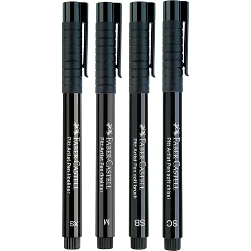 Faber-Castell Pitt Artist Pen Black Manga Drawing Kit - 4 Count, Assorted Nibs – Anime and Manga Drawing Kit - style: 4 Manga Black (SC, SC, M and XS Nibs)