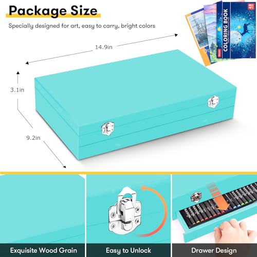 iBayam Art Supplies, 150-Pack Deluxe Wooden Art Set Crafts Drawing Painting Kit with 1 Coloring Book, 2 Sketch Pads, Creative Gift Box for Adults Artist Beginners Kids Girls Boys - color: Teal