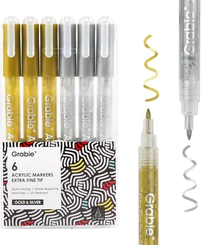 Grabie Gold&Silver Extra Fine Tip Acrylic Paint Marker Set, 6 Pack Gold Paint Markers, 0.7mm Acrylic Paint Pens for Black Paper, Halloween Pumpkin, Christmas DIY, Silver Pen(Gold&Silver) - color: Gold&Silver
