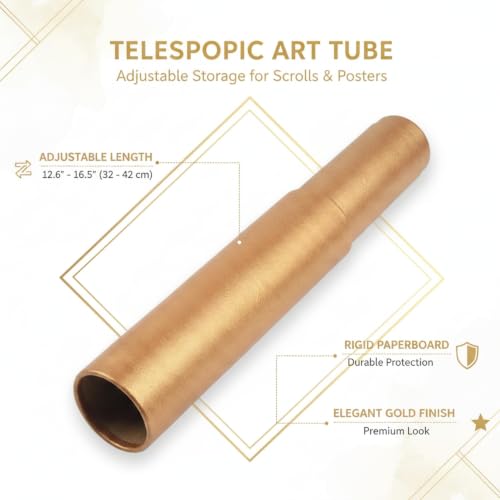 Telescopic Art Tube, Adjustable Paperboard Container for Scrolls and Posters, Gold Finish (1 PC)