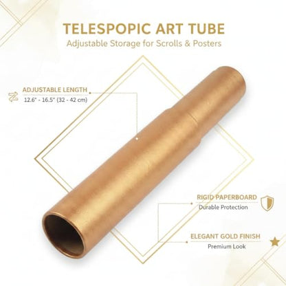 Telescopic Art Tube, Adjustable Paperboard Container for Scrolls and Posters, Gold Finish (1 PC)