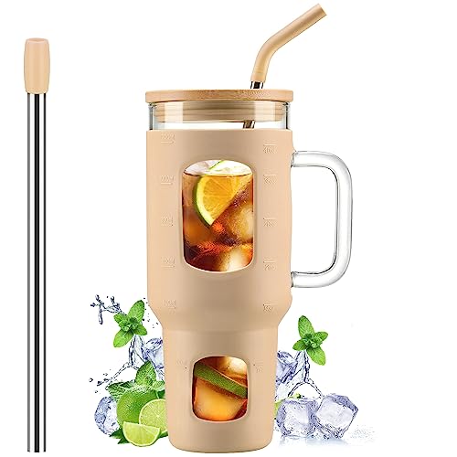 WINSA Glass Tumbler with Straw and Lid, 40 oz glass cup with handle, Glass Water Bottles with Time Marker, Silicone Protective Sleeve-Amber - color: Amber, size: 40 Ounces