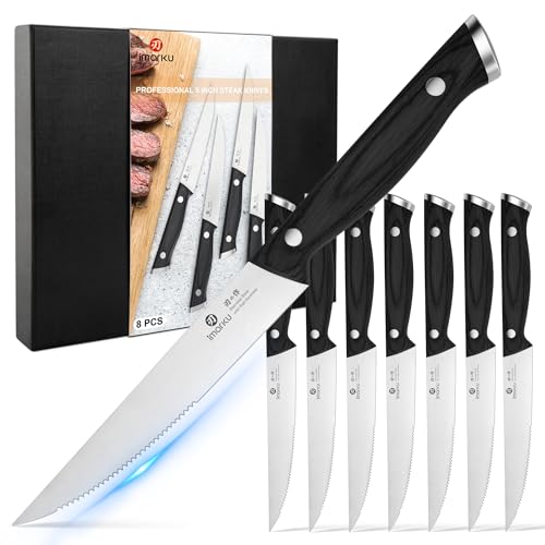 imarku Japanese Steak Knives, Steak Knives Set of 8,Stainless Steel Serrated Steak Knife,Steak Knife with Pakkawood Ergonomic Handle,Gift for Men and Women - color: Silver Black
