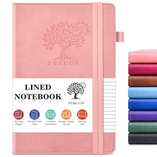 PERCUN A5 Leather Notebook Journal, 160 Lined Pages, 5.9" x 8.5" Pink | Leather Journal for Men Women, Hardcover Notebooks for work, school, business, travel diary, Note taking & Daily Journaling - color: Pink, size: Lined Page