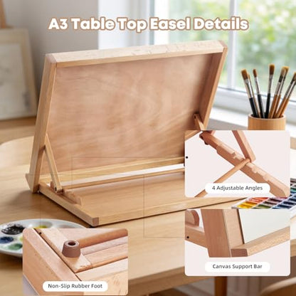 A3 Wooden Tabletop Easel for Painting, 18.5" x 14.2" | Adjustable 4-Position Table Top Easel for Painting, Desktop Artist Painting Easel with A3 Sketch Paper for Adults, Students - size: A3(18.5"x14.2")