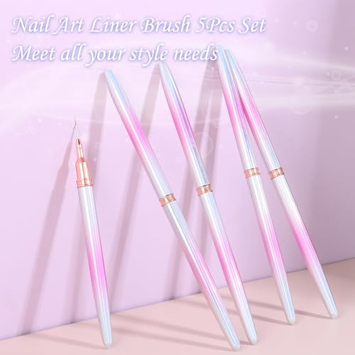 5Pcs Nail Art Liner Brushes For UV Gel Polish, Metal Handle Thin Lines Fine Drawing Pen Painting Striping Detail Design Nails Brush Set Manicure DIY Tool, Sizes 7/9/12/15/20mm（Gradient powder） - color: Gradient Powder