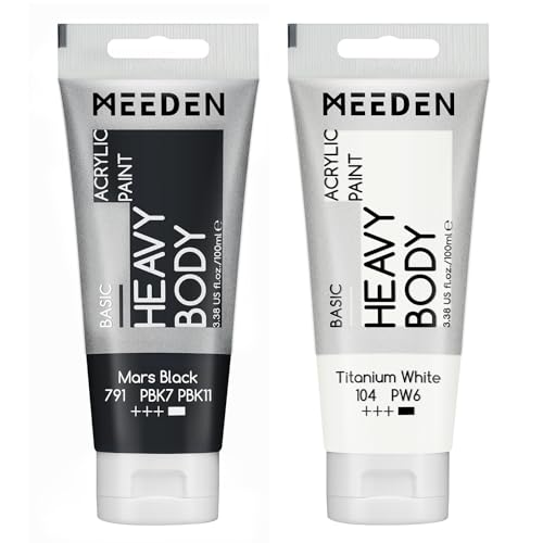 MEEDEN Acrylic Paint Mars Black: Bundled with Titanium White Color - 100ml/3.38oz x 2 Bulk Heavy Body Acrylic Paint Tubes for Art Craft Painting - color: Mars Black, size: 2 Tubes