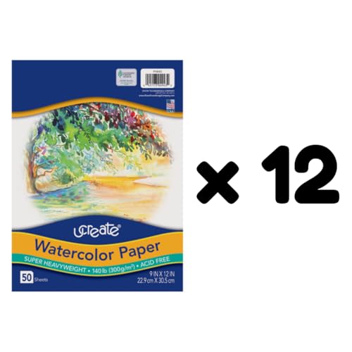 UCREATE Super Heavyweight Watercolor Paper, White, 140 lb., 9" x 12", 50 Sheets/Pack, Case of 12 Packs, 600 Sheets Total - size: 9" x 12" (Pack of 12)