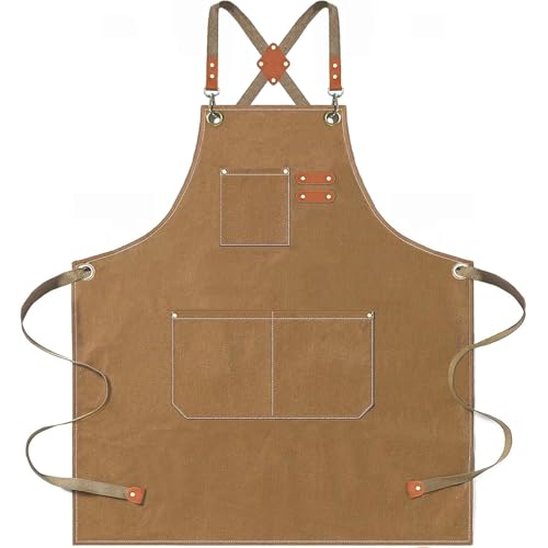 AFUN Aprons for Men Women with Large Pockets, 16-Ounce Cotton Canvas Cross Back Apron - color: Brown
