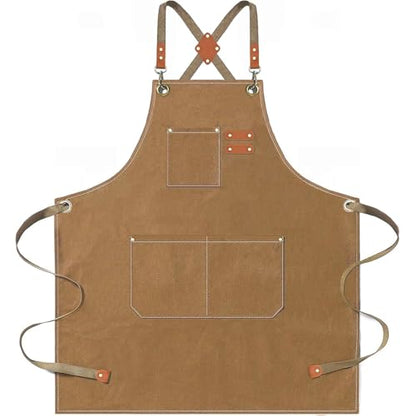 AFUN Aprons for Men Women with Large Pockets, 16-Ounce Cotton Canvas Cross Back Apron - color: Brown