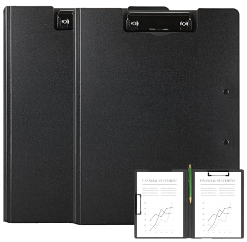 2 Pack Foldable Clipboards, A4 Office Clipboard Folder with Double Metal Clips, 360 Degree Foldable Binder Clipboard with Pen Holder, File Cover Work Folder Clipboards, Black - style: 2Pack- Black