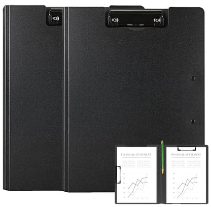 2 Pack Foldable Clipboards, A4 Office Clipboard Folder with Double Metal Clips, 360 Degree Foldable Binder Clipboard with Pen Holder, File Cover Work Folder Clipboards, Black - style: 2Pack- Black