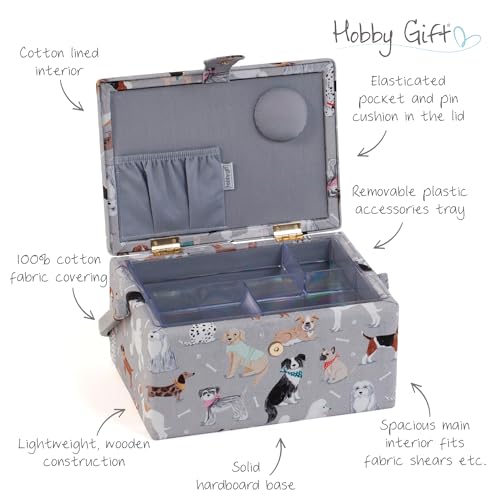 Hobby Gift Medium Sewing Box Organiser, Fabric Covered Storage Box with Handle, Internal Tray, Pin Cushion and Pocket for Sewing, Quilting and Knitting Supplies - color: Grey Dogs