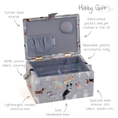 Hobby Gift Medium Sewing Box Organiser, Fabric Covered Storage Box with Handle, Internal Tray, Pin Cushion and Pocket for Sewing, Quilting and Knitting Supplies - color: Grey Dogs