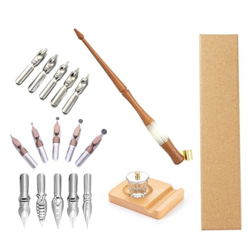 Calligraphy Dip Pen Set Wood English Calligraphy Oblique Nib Holder With Desktop Pen Holder,Ink Bottle Container and 15 Nibs Kit - Brown - color: Brown