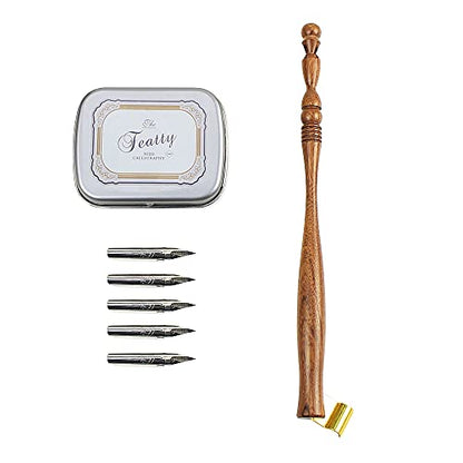 1 Set Dip Pen Wooden English Calligraphy Oblique Nib Holder With Mini Box and 5 Nibs (Round Style Set)