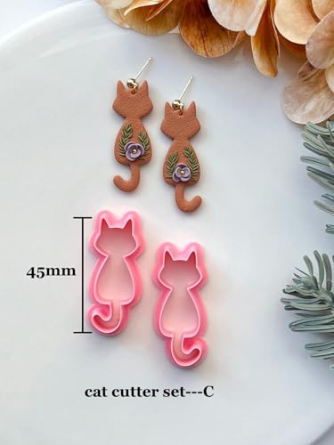 Cute Cat Shaped Clay Earring Cutters Set, Assorted Designs (Calico Cat, Floral Cat), Professional Clay Molds for Handmade Pet Lover Crafts