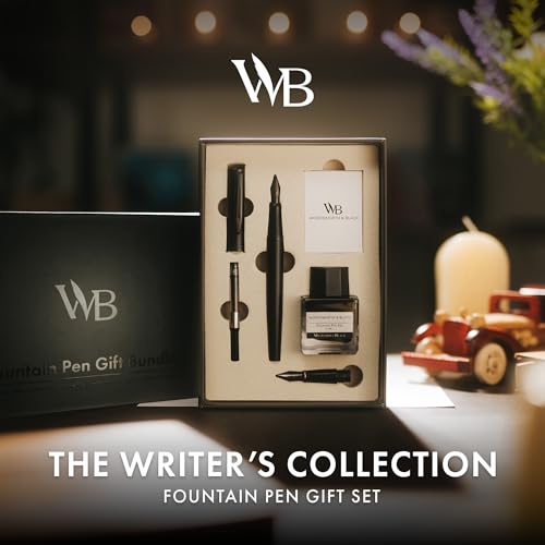 Wordsworth & Black Fountain Pen Set, 18K Gilded Medium and Extra Fine Nib, 25ML Black Ink Bottle, 6 Ink Cartridges,Refill Converter,Gift Box,Smooth Writing Pens [All Black],Gift Set for Men and Women - color: All Black