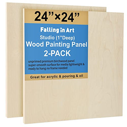 Falling in Art Unfinished Birch Wood Panels Kit for Painting, Wooden Canvas 2 Pack of 24”x24” Studio 1” Deep, Cradle Boards for Pouring, Art, Crafts, Burning and More - size: 24*24 2-pack