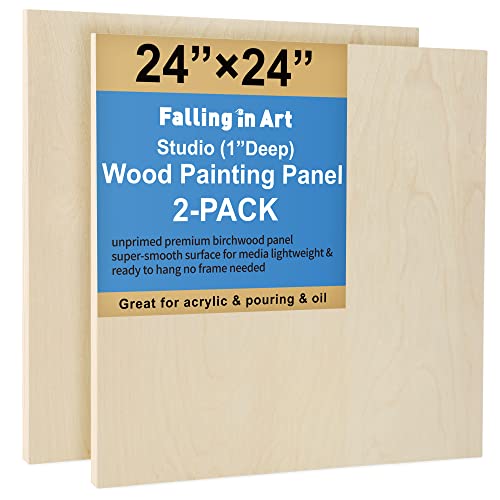 Falling in Art Unfinished Birch Wood Panels Kit for Painting, Wooden Canvas 2 Pack of 24”x24” Studio 1” Deep, Cradle Boards for Pouring, Art, Crafts, Burning and More - size: 24*24 2-pack