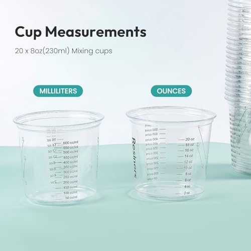 Epoxy Measuring Cups, Resiners 50pcs Resin Mixing Cups for Epoxy Resin, Paint, Crafts Use, with 30 x 24oz & 20 x 8oz Dual Sizes, 50 Mixing Cups, 50 Wooden Sticks, Clear Plastic