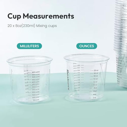 Epoxy Measuring Cups, Resiners 50pcs Resin Mixing Cups for Epoxy Resin, Paint, Crafts Use, with 30 x 24oz & 20 x 8oz Dual Sizes, 50 Mixing Cups, 50 Wooden Sticks, Clear Plastic