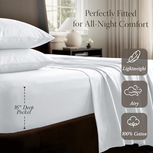 Threadmill Egyptian Cotton Sheets for King Size Bed | 100% Certified Egyptian Cotton King Bed Sheets Set | Snug Fit Elastic Deep Pocket King Sheets Soft, Breathable All Season Solid Sateen | White - color: Bright White Solid, size: King