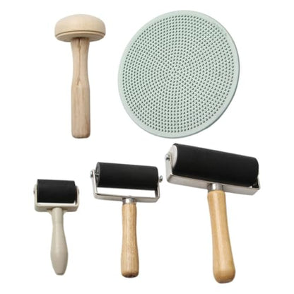 YARNOW 5pcs Printmaking Tool Set with Rubber Ink Rollers, Wooden Mushroom and Brayers for DIY Art Craft Stamping and Relief Printing
