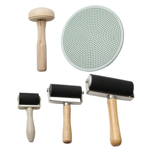 YARNOW 5pcs Printmaking Tool Set with Rubber Ink Rollers, Wooden Mushroom and Brayers for DIY Art Craft Stamping and Relief Printing
