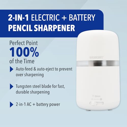 Westcott Two-in-One Fully Automatic Battery and Electric Pencil Sharpener for Regular, Graphite, and Drawing Pencils - Adjustable Tip Size - for Office and School Use - Includes AC Adapter - White