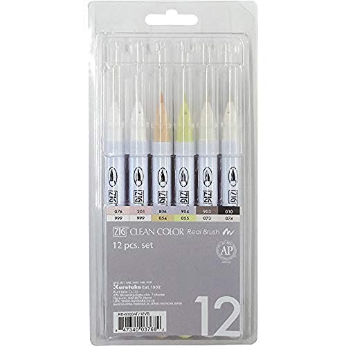 Kuretake ZIG CLEAN COLOR Real Brush Neutral & Natural Tones 12 Colors set, AP-Certified, Flexible Brush Tip, Odourless, Xylene Free, Easy to creat narrow and wide lines, Made in Japan