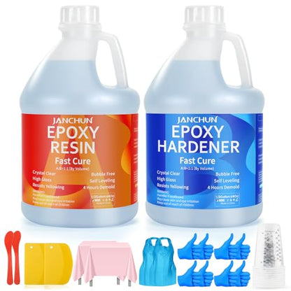 JANCHUN Crystal Clear Epoxy Resin Kit 1 Gallon, Bubble-Free, Anti-Yellowing, Self Leveling Easy Mix 1:1 Coating and Casting Resin for Table Top, Molds, Tumbler Crafts, Painting, Jewelry, DIY Gifts - size: 1 Gallon