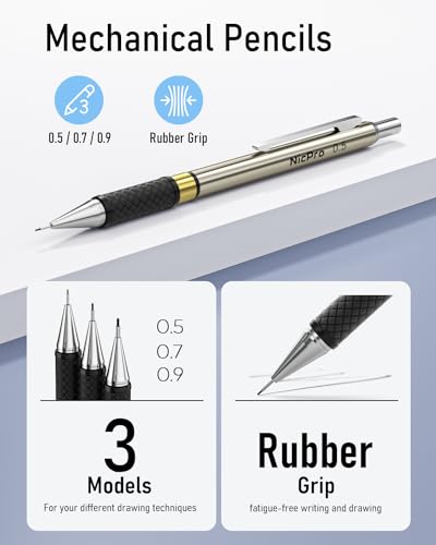 Nicpro 35PCS Gold Art Mechanical Pencils Set, 3 PCS Metal Drafting Pencil 0.5 mm & 0.7 mm & 0.9 mm & 3 PCS 2mm Lead Holder (6B 4B 2B HB 2H 4H Colors) For Sketching Drawing With 20 Tube Lead Refills - color: Gold, style: 0.5 0.7 0.9 2.0