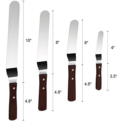 4 Packs Offset Spatula, Stainless Steel Cake Icing Spatula Set 4” 6” 8” 10”with Wooden Handle and 3 Packs Cake Smoother Scraper Set for Cake Decorating, Baking (Angled)