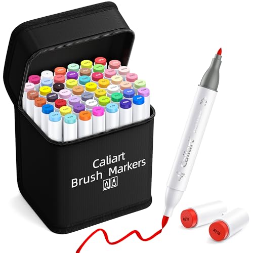 Caliart Alcohol Markers Brush Tip, 51 Colors Dual Tip Artists Coloring Markers Set Brush & Fine, Permanent Alcohol Based Colored Sketch Pens, Art Supplies Gifts for Adults Illustration Drawing - style: Fine & Brush