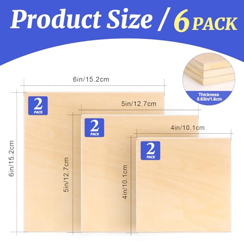 ESRICH 6 Pack Wood Panels with 4"x4", 5"x5", 6"x6", Square Craft Wood Canvas Boards, Blank Unfinished Wooden Art Board for DIY Art Creations Such as Painting, Acrylic Pouring, Resin, Burning, Collage - size: 4x4 5x5 6x6IN-6Pack