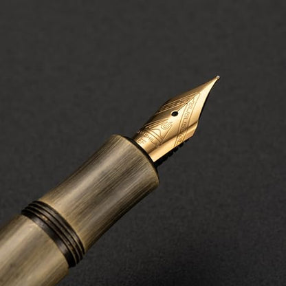 Luxury Solid Brass Fountain Pen Set for Writing & Calligraphy - Choose Antique or Matte Black Finish. Includes 10 Ink Cartridges & Premium Gift Box (Extra Fine Nib, Antique Brass) - color: Antique Brass, style: Extra Fine Nib
