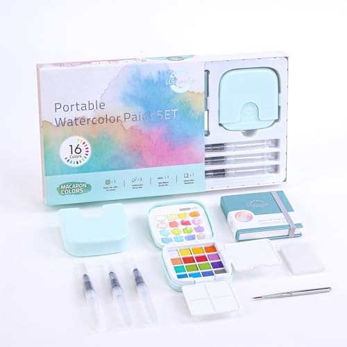 Watercolor Paint, Mini Travel 16-Color Solid Watercolor Kit with Tear-Off Pad, 3 Water Brush Pens & Mini Metal Brush, Portable Art Set, Macaron Colors for Adult Beginners, Journaling, and Sketching - color: Blue