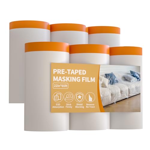 Drop Cloth for Painting, Painters Plastic Sheeting 22" x65' 6Rolls | Pre-taped masking film, clear waterproof tarp, plastic window & floor protector, automotive & furniture covers, dust-proof - size: 22in x 65Ft
