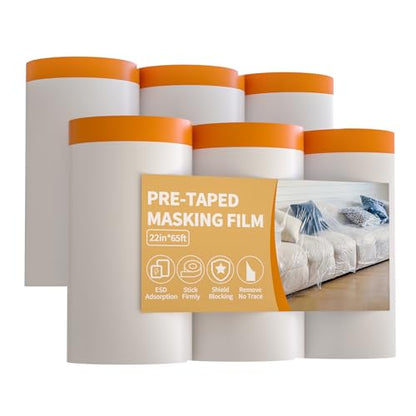 Drop Cloth for Painting, Painters Plastic Sheeting 22" x65' 6Rolls | Pre-taped masking film, clear waterproof tarp, plastic window & floor protector, automotive & furniture covers, dust-proof - size: 22in x 65Ft
