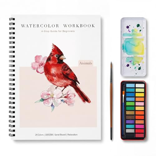 Rurolo Watercolor Workbook for Adults & Beginners - Spiral Bound Kit with 24 Paint Colors, Brushes & 300GSM Paper - Step-by-Step Animal Painting Guide for Stress Relief & Relaxation (6.5x9) - color: Animal