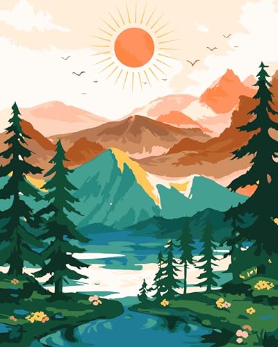 Yunnuo Landscape Paint by Numbers Kit for Adults Beginner, Sun & Mountain Paint by Number Canvas,Acrylic Abstract Paint with Numbers for with 3 Pcs Paintbrushes Home Wall Decor Gift (16 x 20 in) - color: B-002-Landscape