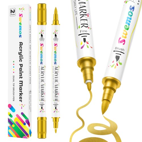 Swemos 2 Gold Paint Marker Dual Tip Acrylic Paint Markers Acrylic Pens | Acrylic Markers Set Suitable for Fabric Rocks Canvas Ceramic Wood Glass Coloring Book Almost All Surface - color: Gold, size: 2