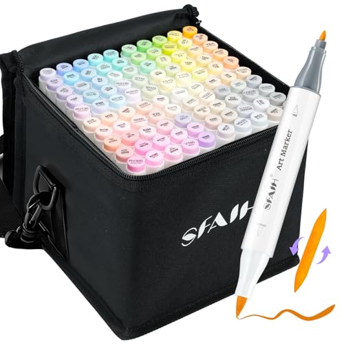 SFAIH Alcohol Markers Brush & Fine - 101 Pastel Dual Tip Art Markers for Adult Coloring Illustration, Gift for Artist, Refillable Ink, Colorless Blender, Adjustable Shoulder Strap & Leather Lining - color: 101 Colors