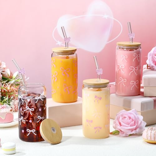 4 Set 16 oz Coquette Bows Glass Cups with Lids and Bows Straws Cleaning Brushes Aesthetic Iced Coffee Cup Reusable Mug for Women Sister Birthday Gift Not Dishwasher Safe(Pink,Bow) - color: Pink, size: Bow