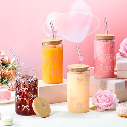 4 Set 16 oz Coquette Bows Glass Cups with Lids and Bows Straws Cleaning Brushes Aesthetic Iced Coffee Cup Reusable Mug for Women Sister Birthday Gift Not Dishwasher Safe(Pink,Bow) - color: Pink, size: Bow