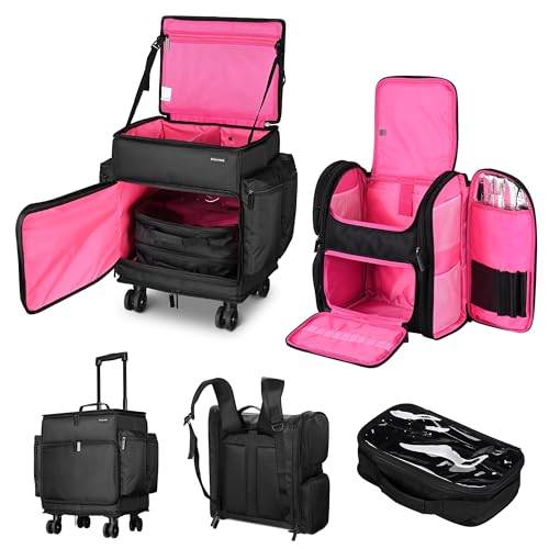 BYOOTIQUE Rolling Organizer Case with cosmetic Tools Travel Bag Backpack for Makeup Artist, Pink - color: Deep Pink, size: Xlarge
