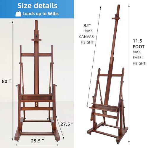 Falling in Art Extra Large H-Frame Studio Easel, Solid Beechwood Artist Easel with Storage Tray, Adjustable Canvas Holder Stand with Rolling Wheels for Painting Adult (Walnut) - style: Studio Easel Walnut